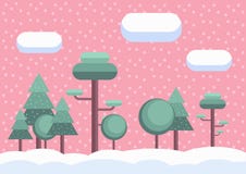 Flat winter forest Christmas background. Cartoon view falling snow. Pink sky. royalty free illustration Flat winter forest Christmas background. Cartoon view falling snow. Pink sky. royalty free illustration