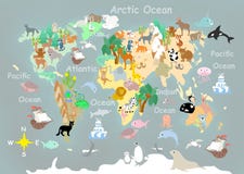 Flat World animals cartoonish kids map stock illustration Flat World animals cartoonish kids map stock illustration