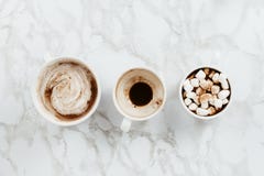 Flatlay τριών άσπρων φλυτζανιών του vegan κακάου με τα διάφορα καλύμματα στοκ φωτογραφία με δικαίωμα ελεύθερης χρήσης Flatlay τριών άσπρων φλυτζανιών του vegan κακάου με τα διάφορα καλύμματα στοκ φωτογραφία με δικαίωμα ελεύθερης χρήσης