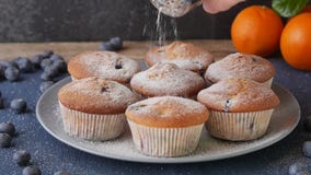 Flaumige Blaubeerkleine kuchen mit Puderzucker stock footage Flaumige Blaubeerkleine kuchen mit Puderzucker stock footage