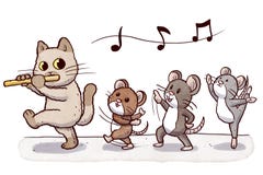 Flautist kot podążać trzy dancingowymi szczurami ilustracja wektor Flautist kot podążać trzy dancingowymi szczurami ilustracja wektor