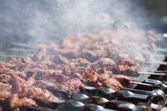 Fleisch mit Rauche auf einem Grillgrill über Holzkohle Gegrillte Würfel des Fleisches auf Metallaufsteckspindel Fleisch auf Aufst stockfoto Fleisch mit Rauche auf einem Grillgrill über Holzkohle Gegrillte Würfel des Fleisches auf Metallaufsteckspindel Fleisch auf Aufst stockfoto