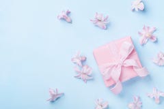 Fleurs et présent ou boîte-cadeau rose sur la vue supérieure en pastel bleue de table Carte de voeux pour le jour du 8 mars, de l Images libres de droits Fleurs et présent ou boîte-cadeau rose sur la vue supérieure en pastel bleue de table Carte de voeux pour le jour du 8 mars, de l Images libres de droits