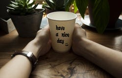 Flickan rymmer varmt kaffe i hennes händer mot bakgrunden av en härlig träfönsterfönsterbräda Ett hemtrevligt kafébegrepp royaltyfria bilder Flickan rymmer varmt kaffe i hennes händer mot bakgrunden av en härlig träfönsterfönsterbräda Ett hemtrevligt kafébegrepp royaltyfria bilder