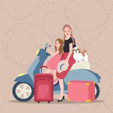 Flickor mamman och ungar som rider sparkcykeln, kommer med påseturisten vektor illustrationer Flickor mamman och ungar som rider sparkcykeln, kommer med påseturisten vektor illustrationer