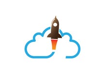 Fliegende Rakete über einer großen Wolke für Logoentwurf lizenzfreie abbildung Fliegende Rakete über einer großen Wolke für Logoentwurf lizenzfreie abbildung