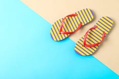 Flip Flops On Two Tone Background, Space For Text And Top View. Summer Vacation Royalty Free Stock Image