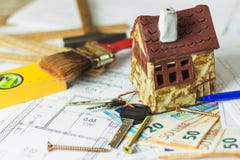 Floor plan designed building on the drawing. Engineering and technical drawing, part of architectural project. Valid euro banknote Stock Photography Floor plan designed building on the drawing. Engineering and technical drawing, part of architectural project. Valid euro banknote Stock Photography