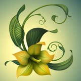 Flor bonita do amarelo da fantasia com folhas verdes ilustração royalty free Flor bonita do amarelo da fantasia com folhas verdes ilustração royalty free