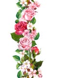 Floral border with apple, sakura, cherry flowers blossom, roses flowers. Watercolor seamless frame Royalty Free Stock Photography Floral border with apple, sakura, cherry flowers blossom, roses flowers. Watercolor seamless frame Royalty Free Stock Photography