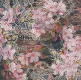 Floral pattern - pink flowers, eastern ethnic design, wood texture