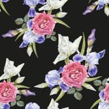 Floral seamless pattern with watercolor irises and roses Stock Photos Floral seamless pattern with watercolor irises and roses Stock Photos