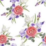 Floral seamless pattern with watercolor irises and roses. Royalty Free Stock Photo Floral seamless pattern with watercolor irises and roses. Royalty Free Stock Photo