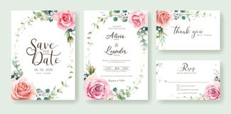 Floral wedding Invitation, save the date, thank you, rsvp card Design template. Vector. Orange and pink rose, Wax flower and olive