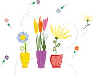 Flores coloridas de la primavera del vector a mano en los floreros aislados en el fondo blanco, stock de ilustración Flores coloridas de la primavera del vector a mano en los floreros aislados en el fondo blanco, stock de ilustración