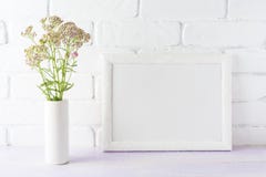 Flores rosadas cremosas del paisaje de la maqueta blanca del marco en vaso del cilindro imágenes de archivo libres de regalías Flores rosadas cremosas del paisaje de la maqueta blanca del marco en vaso del cilindro imágenes de archivo libres de regalías