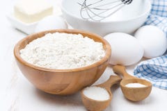 Flour, Salt, Sugar And Eggs For Baking Pancakes On Wooden Table Stock Photos