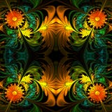 Flower Pattern. Orange, Green And Black Palette. Fractal Design. Stock Photo