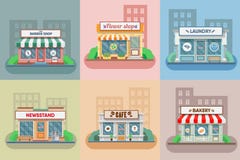 Flower shop, laundry, barber , bakery, newsstand, cafe facade in the town. Royalty Free Stock Photos Flower shop, laundry, barber , bakery, newsstand, cafe facade in the town. Royalty Free Stock Photos