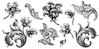 Flower vintage Baroque scroll Victorian frame border floral ornament engraved retro pattern rose peony tattoo filigree vector