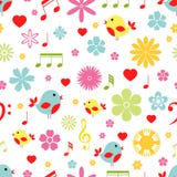 Flowers birds and music notes seamless pattern