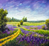 Original oil painting of flowers, beautiful purple wildflowers field flowers on canvas
