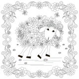 Flowers sheep in frame monochrome sketch, coloring page anti-stress stok vector illustration for print Royalty Free Stock Photography Flowers sheep in frame monochrome sketch, coloring page anti-stress stok vector illustration for print Royalty Free Stock Photography