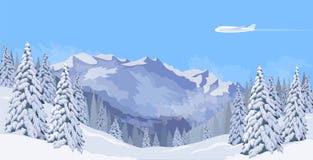 Flugzeugfliegen in einer Schneegebirgswinterlandschaft des blauen Himmels Tannenbaum-Waldhintergrundreisefahnen-Schablonenvektor Stockbild Flugzeugfliegen in einer Schneegebirgswinterlandschaft des blauen Himmels Tannenbaum-Waldhintergrundreisefahnen-Schablonenvektor Stockbild