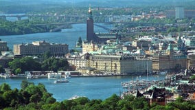 Flyg- panorama av Stockholm, Sverige arkivfilmer Flyg- panorama av Stockholm, Sverige arkivfilmer