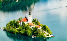 Flyg- sikt av Bled ön i Slovenien arkivfoto Flyg- sikt av Bled ön i Slovenien arkivfoto