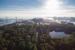 Flyg- sikt av den nya stadionZenit arenan arkivbilder Flyg- sikt av den nya stadionZenit arenan arkivbilder