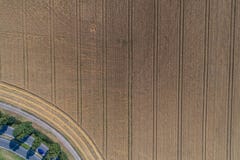 Flyg- sikt av vetefältet och spår från jordbruks- textur för traktor eller bakgrund av det åkerbruka landskapet för sommar royaltyfri bild Flyg- sikt av vetefältet och spår från jordbruks- textur för traktor eller bakgrund av det åkerbruka landskapet för sommar royaltyfri bild
