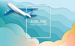 Flyget av en passageraretrafikflygplan Flygplan Blå krabb himmel och färgrika moln Effekten av snittpapper vektor för ramillustra vektor illustrationer Flyget av en passageraretrafikflygplan Flygplan Blå krabb himmel och färgrika moln Effekten av snittpapper vektor för ramillustra vektor illustrationer