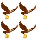 Flying American Eagle Holds Coin. Dollar, Euro, Yen, Pound Ster Royalty Free Stock Photography Flying American Eagle Holds Coin. Dollar, Euro, Yen, Pound Ster Royalty Free Stock Photography