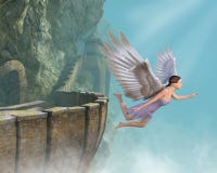 Flying Angel, Mountain Castle, Freedom stock illustration Flying Angel, Mountain Castle, Freedom stock illustration