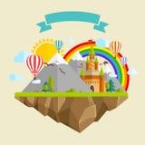 Flying island with Fairy Tale Castle, Balloons, Mountains, Clouds, Trees, Sun, Rainbow, Dragon and Ribbon royalty free illustration Flying island with Fairy Tale Castle, Balloons, Mountains, Clouds, Trees, Sun, Rainbow, Dragon and Ribbon royalty free illustration