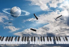 Flying piano keys are getting blown apart. Against the background of the blue sky, in the white clouds stock photo Flying piano keys are getting blown apart. Against the background of the blue sky, in the white clouds stock photo