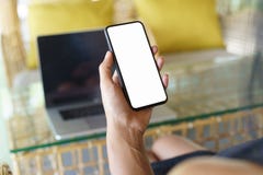 Focus women hand holding phone white screen Royalty Free Stock Photos Focus women hand holding phone white screen Royalty Free Stock Photos