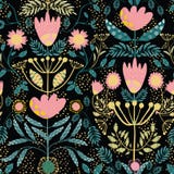 Folk art pink, gold flowers and teal leaves. Paper cut out effect on leaves. Seamless vector half drop pattern with stock illustration Folk art pink, gold flowers and teal leaves. Paper cut out effect on leaves. Seamless vector half drop pattern with stock illustration