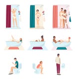Folk i badrumwash och användatoaletten, daglig hygien Koppla ihop tar en dusch, mannen som pissar i en pissoar, grabbläsning royaltyfri illustrationer Folk i badrumwash och användatoaletten, daglig hygien Koppla ihop tar en dusch, mannen som pissar i en pissoar, grabbläsning royaltyfri illustrationer