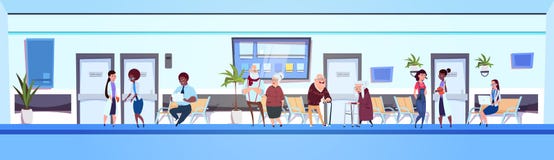 Folk i sjukhuset Hall Patients And Doctors Team I baner för väntande rum för klinik horisontal vektor illustrationer Folk i sjukhuset Hall Patients And Doctors Team I baner för väntande rum för klinik horisontal vektor illustrationer