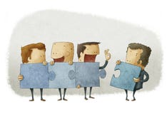 Folk som rymmer stycken av en figursåg vektor illustrationer Folk som rymmer stycken av en figursåg vektor illustrationer