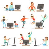 Folk som spelar videospel med den tekniskt avancerade teknologisamlingen av lyckliga tecknad filmtecken stock illustrationer Folk som spelar videospel med den tekniskt avancerade teknologisamlingen av lyckliga tecknad filmtecken stock illustrationer