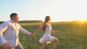 Follow me. Happy couple holding hands, running on golden wheat field and having fun outdoors, Couple walking on meadow stock footage Follow me. Happy couple holding hands, running on golden wheat field and having fun outdoors, Couple walking on meadow stock footage