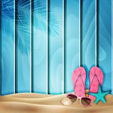 Fond bleu d'été avec des éléments de plage en sable Vecteur illustration stock Fond bleu d'été avec des éléments de plage en sable Vecteur illustration stock