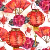 Fond chinois de nouvelle année d'aquarelle sans couture Fond chinois de nouvelle année d'aquarelle sans couture