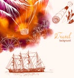 Fond coloré de voyage avec le ballon à air, silhouette de bateau et illustration de vecteur Fond coloré de voyage avec le ballon à air, silhouette de bateau et illustration de vecteur