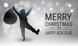 Fond d'affiche de Joyeux Noël et de bonne année avec le noir Snata Claus Holida Present Bag de silhouette illustration libre de droits Fond d'affiche de Joyeux Noël et de bonne année avec le noir Snata Claus Holida Present Bag de silhouette illustration libre de droits