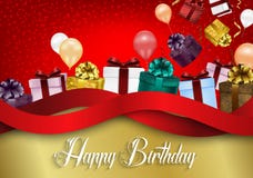 Fond d'anniversaire avec des ballons et des boîte-cadeau de couleur sur le fond rouge de bokeh illustration libre de droits Fond d'anniversaire avec des ballons et des boîte-cadeau de couleur sur le fond rouge de bokeh illustration libre de droits