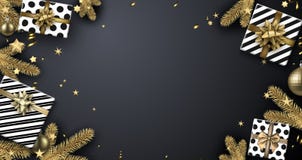 Fond de Noël avec des branches et des cadeaux de sapin Image stock Fond de Noël avec des branches et des cadeaux de sapin Image stock